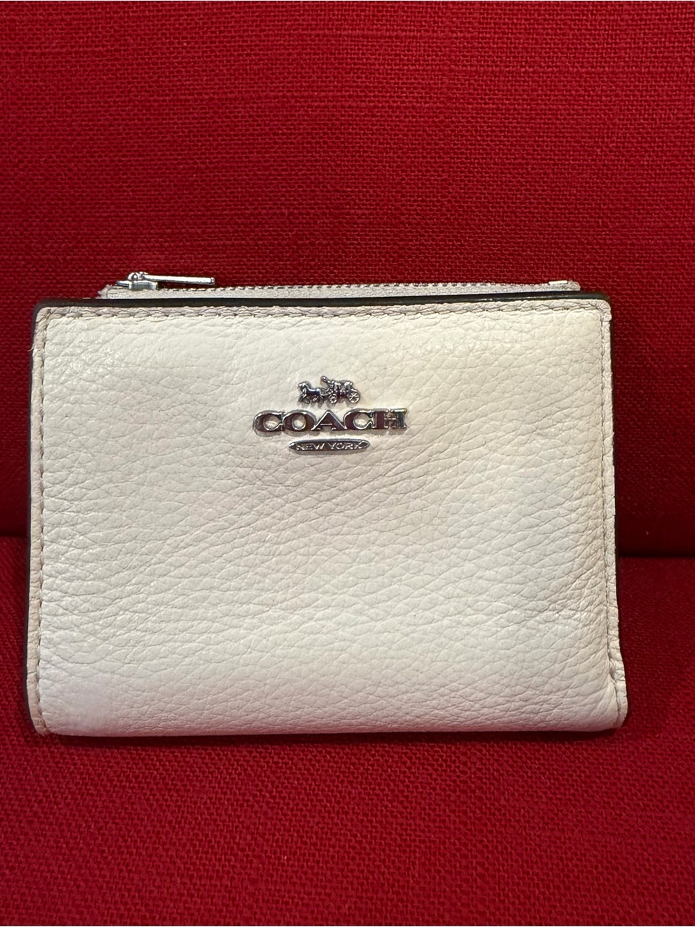Coach Cream Pebble Leather Zip Wallet with Silver Logo